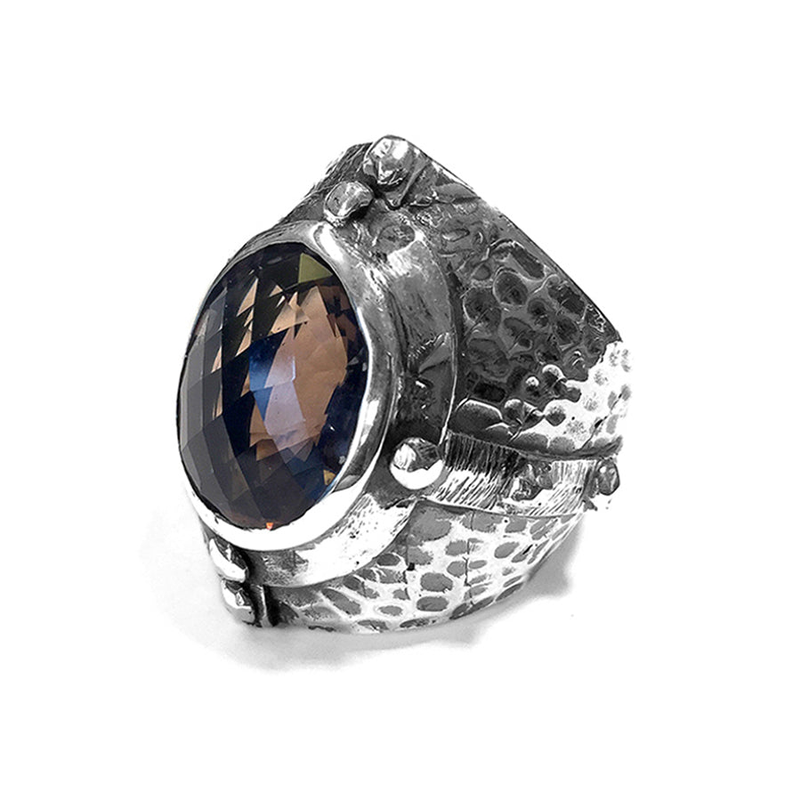 Elfcraft Statement Ring Rauchquarz Facettiert Gehämmerte Ringschiene 925 Sterling Silber Massiv Unisex