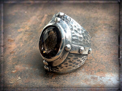 Elfcraft Statement Ring Rauchquarz Facettiert Hammered Ringschiene 925 Sterling Silber Massiv Unisex