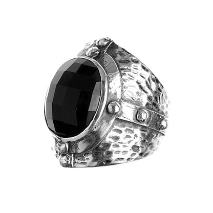 Elfcraft Statement Ring Zirkonia Schwarz Facettiert Gehämmerte Ringschiene 925 Sterling Silber Massiv Unisex