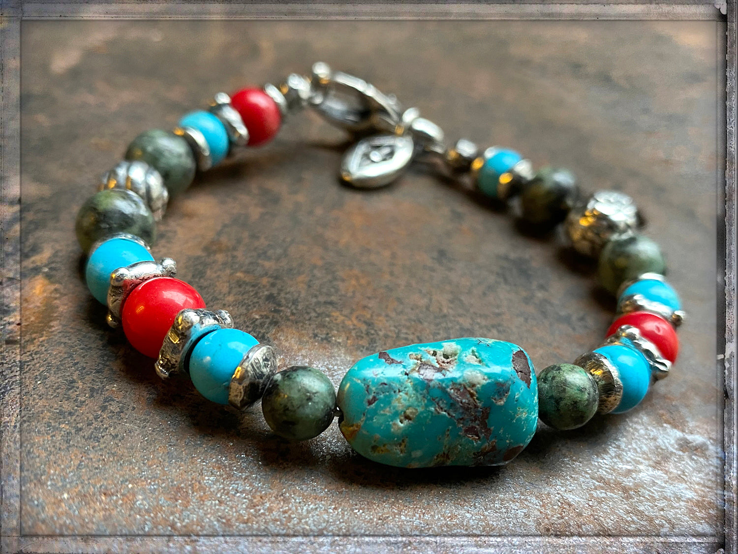 Elfcraft Steinarmband Türkis Coral Rot Afrikanischer Türkis Sterling Silber Massiv Unisex