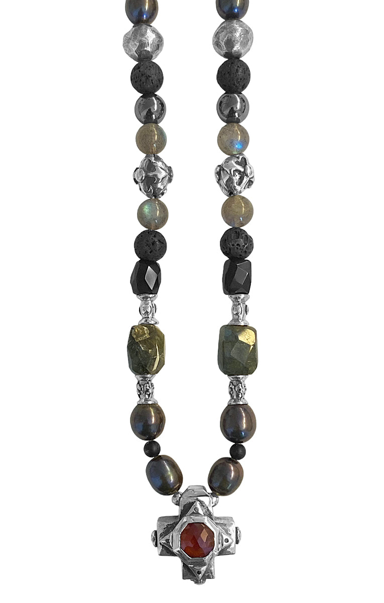 Elfcraft Steinkette Kreuz Carneol Labradorit Lava Hämatit Afrikanischer Türkis Süßwasserperlen 925 Sterling Silber Massiv 50 cm Lang Unisex