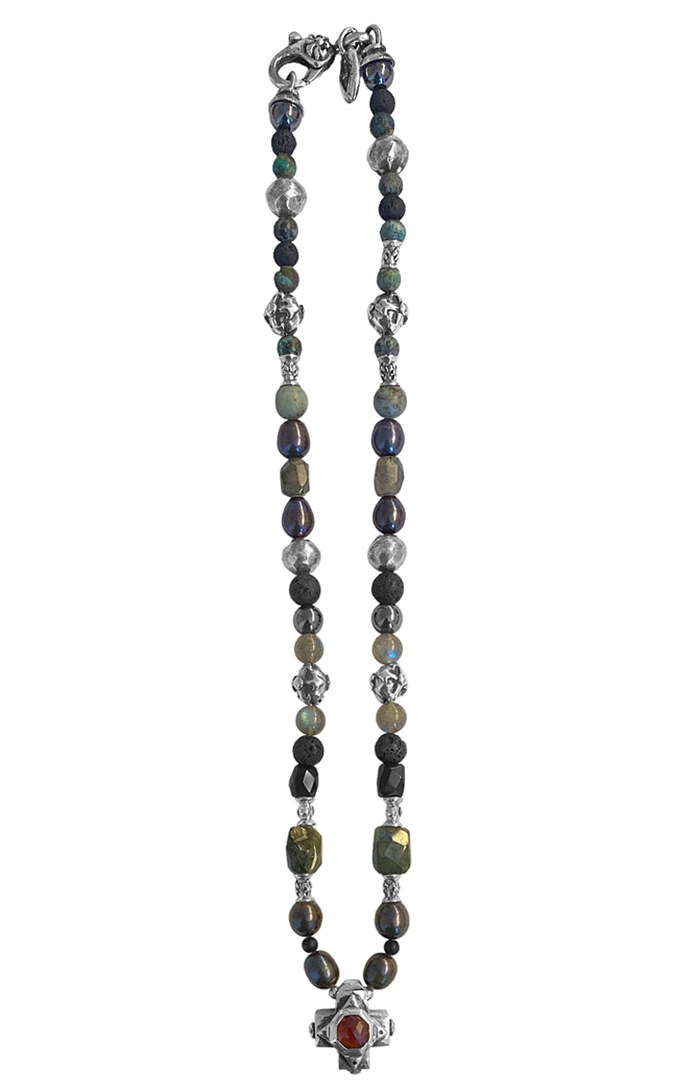 Elfcraft Steinkette Kreuz Carneol Labradorit Lava Hämatit Afrikanischer Türkis Süßwasserperlen Sterling Silber Massiv 50 cm Unisex