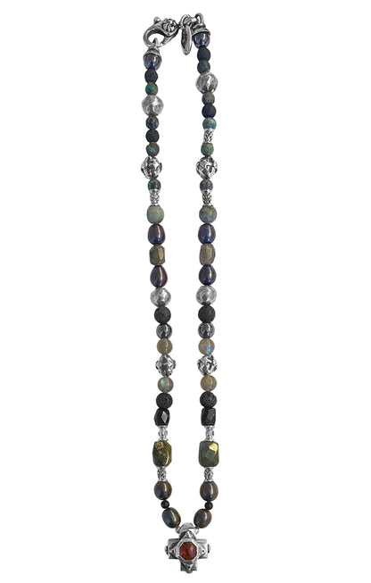 Elfcraft Steinkette Kreuz Carneol Labradorit Lava Hämatit Afrikanischer Türkis Süßwasserperlen Sterling Silber Massiv 50 cm Unisex