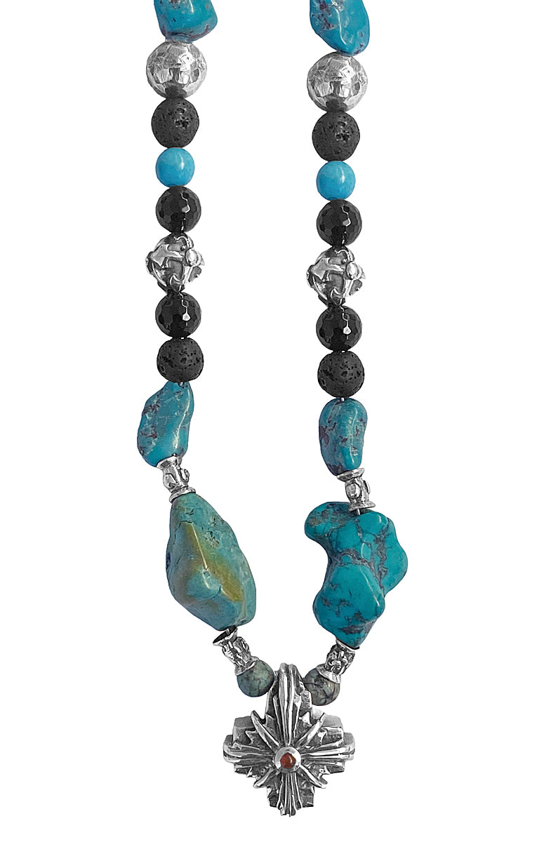 Elfcraft Steinkette Kreuz Carneol Morning-Star-Motiv Türkis-Nuggets Lava Onyx 925 Sterling Silber Massiv 40 cm