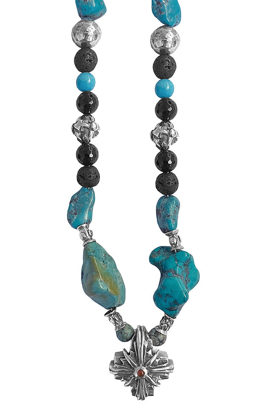 Elfcraft Steinkette Kreuz Carneol Morning-Star-Motiv Türkis-Nuggets Lava Onyx 925 Sterling Silber Massiv 40 cm