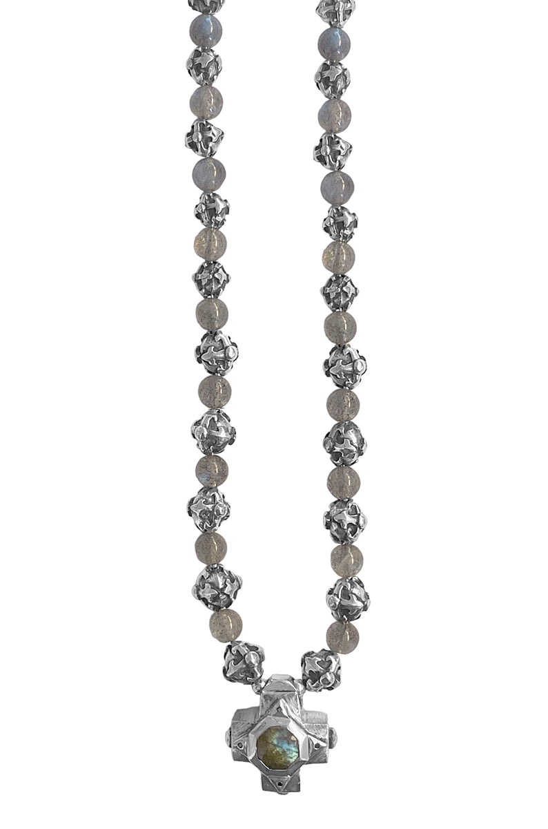 Elfcraft Steinkette Kreuz Labradorit Schwarze Brillanten Silber-Perlen Kreuz-Motiv 925 Sterling Silber Massiv 40 cm