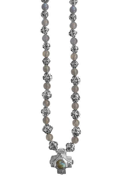 Elfcraft Steinkette Kreuz Labradorit Schwarze Brillanten Silber-Perlen Kreuz-Motiv 925 Sterling Silber Massiv 40 cm