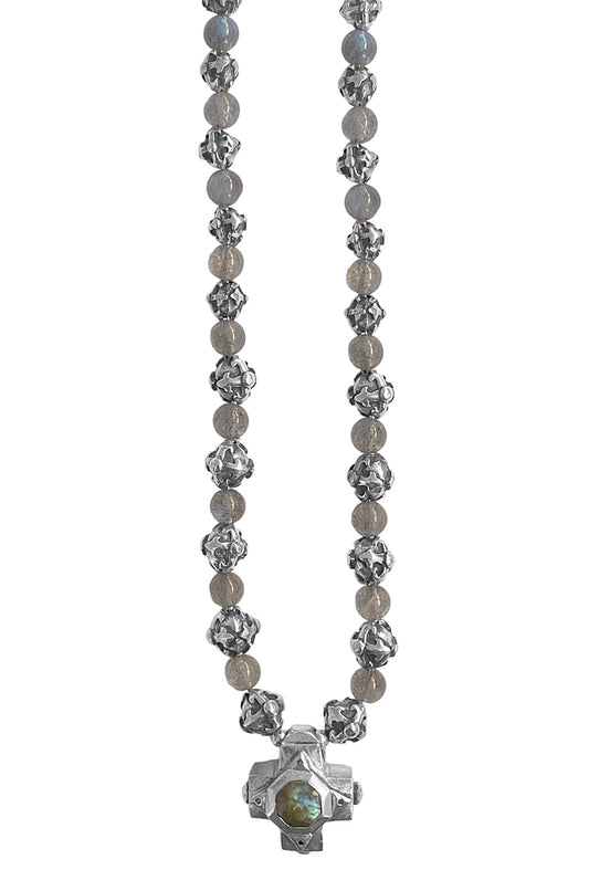 Elfcraft Steinkette Kreuz Labradorit Schwarze Brillanten Silber-Perlen Kreuz-Motiv 925 Sterling Silber Massiv 40 cm
