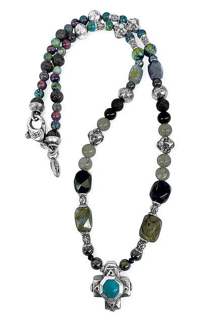 Elfcraft Steinkette Kreuz Türkis Labradorit Lava Hämatit Afrikanischer Türkis Tigerauge 925 Silber Massiv 60 cm Lang Unisex