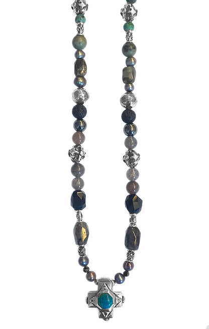 Elfcraft Steinkette Kreuz Chrysokoll 925 Sterling Silber Massiv Labradorit Lava Süßwasserperlen Afrikanischer Türkis Hämatit 60 cm Lang Unisex