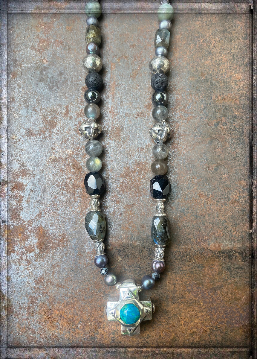 Elfcraft Steinkette Kreuz Chrysokoll 925 Silber Massiv Labradorit Lava Süßwasserperlen Afrikanischer Türkis Carneol 60 cm Lang Unisex