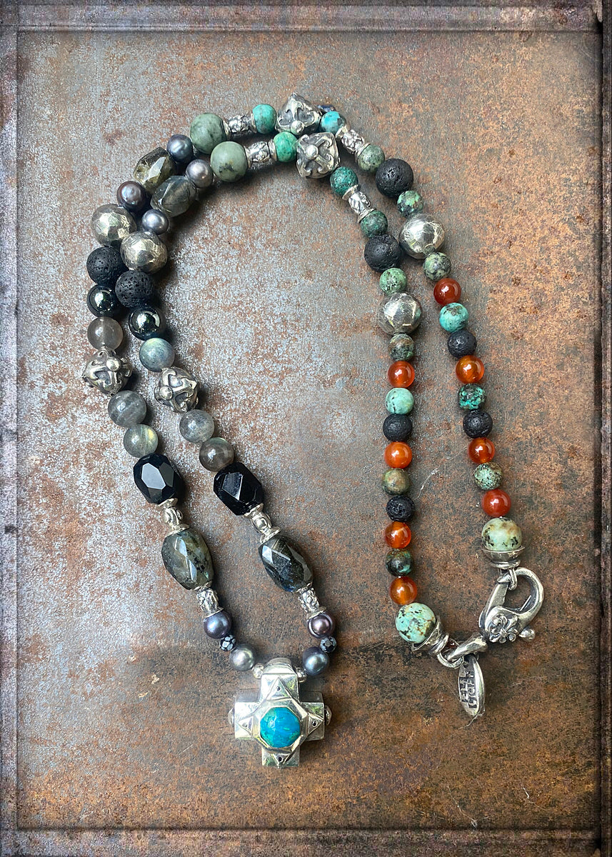 Elfcraft Steinkette Kreuz Chrysokoll 925 Sterling Silber Massiv Labradorit Lava Süßwasserperlen Afrikanischer Türkis Carneol 60 cm Lang Unisex