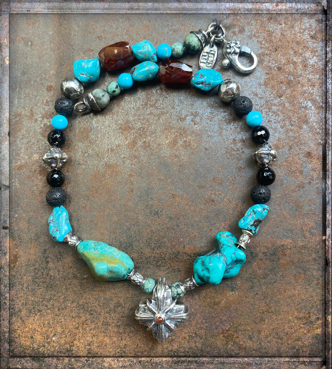 Elfcraft Steinkette Kreuz Carneol Morning-Star-Motiv Türkis-Nuggets Lava Onyx Sterling Silber Massiv 40 cm Unisex