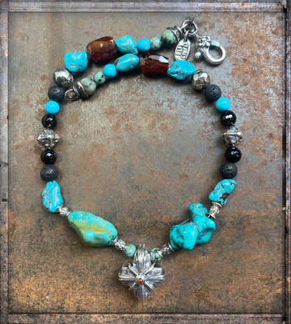 Elfcraft Steinkette Kreuz Carneol Morning-Star-Motiv Türkis-Nuggets Lava Onyx Sterling Silber Massiv 40 cm Unisex