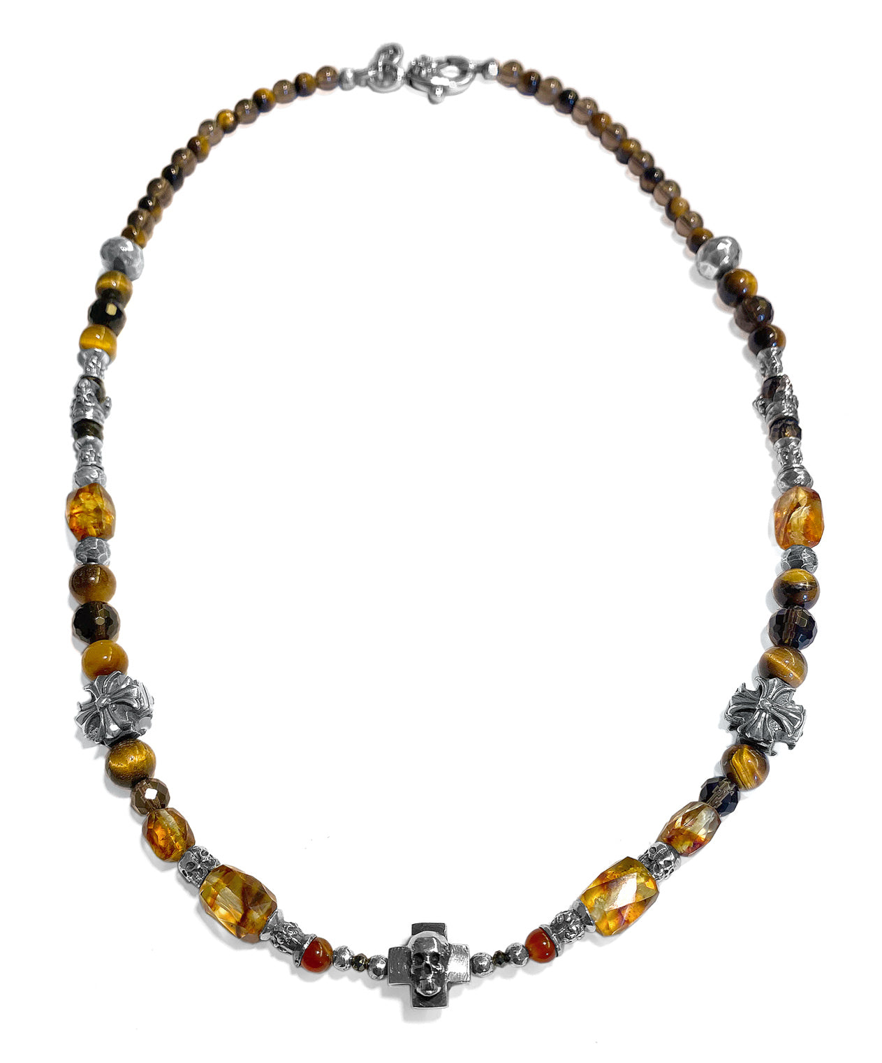 Elfcraft Steinkette Skull-Kreuz 925 Sterling Silber Massiv Bernstein Tigerauge Carneol 60 cm Lang