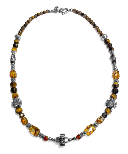 Elfcraft Steinkette Skull-Kreuz 925 Sterling Silber Massiv Bernstein Tigerauge Carneol 60 cm Lang