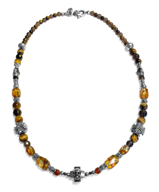 Elfcraft Steinkette Skull-Kreuz 925 Sterling Silber Massiv Bernstein Tigerauge Carneol 60 cm Lang