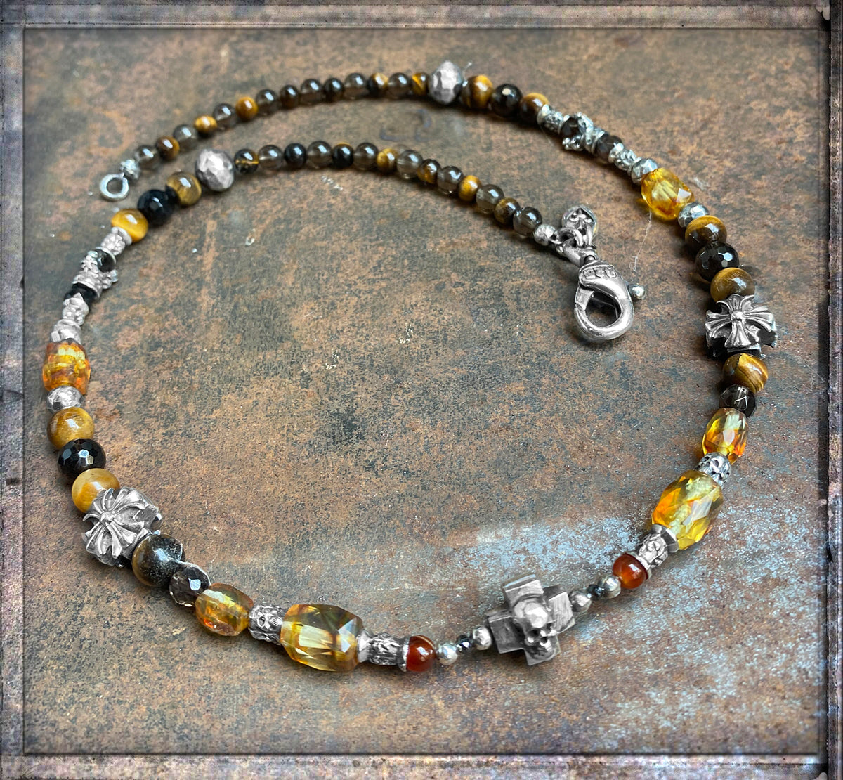 Elfcraft Steinkette Skull-Kreuz Sterling Silber Massiv Bernstein Tigerauge Carneol 60 cm Lang