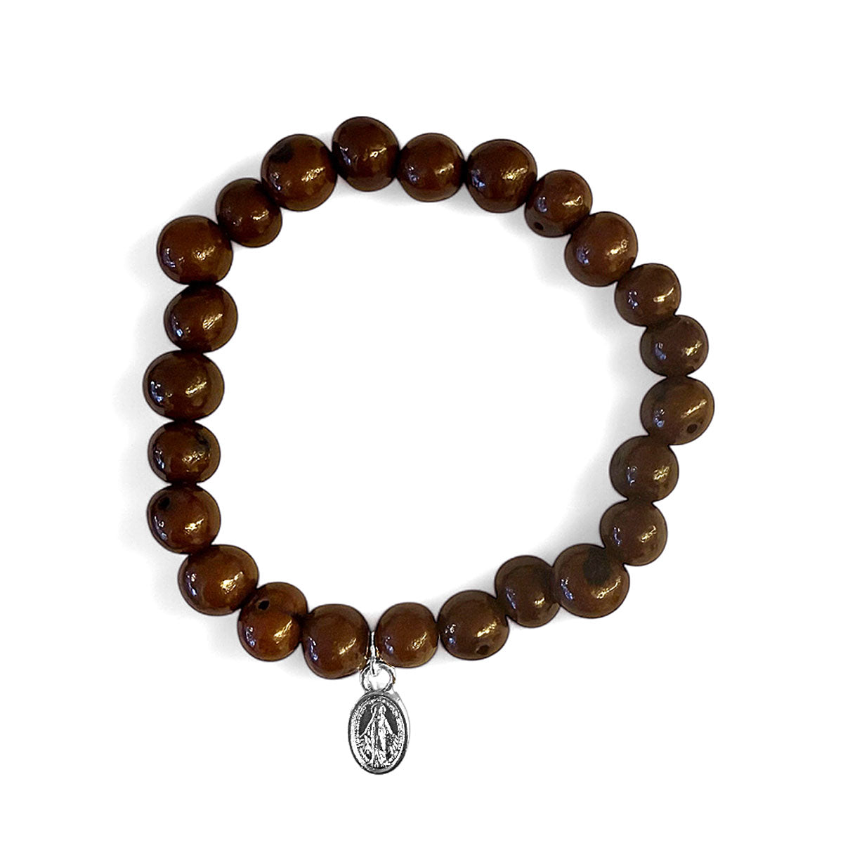 Escapulario Acai-Samen Armband Braun Madonna-Anhänger Versilbert Dehnbar