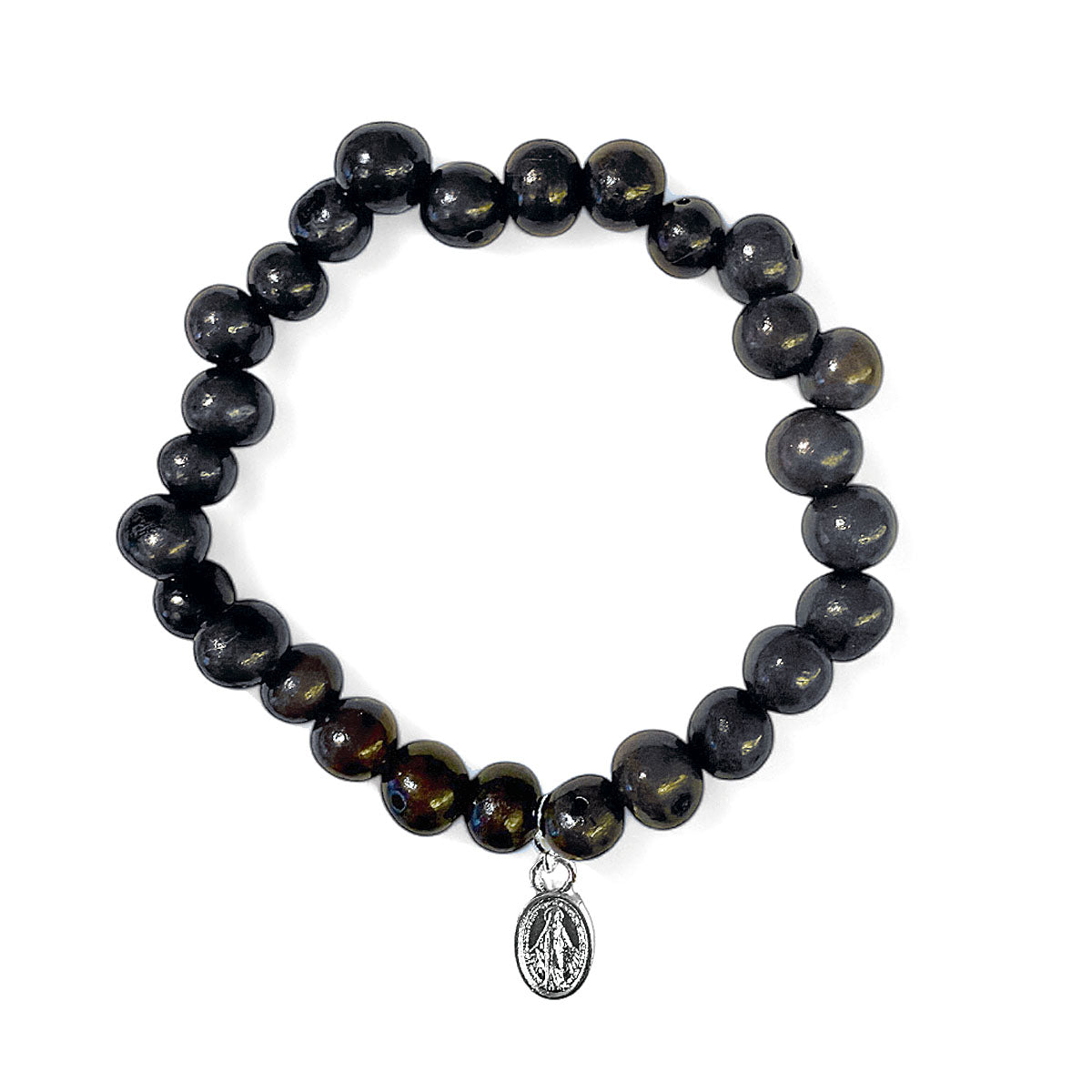 Escapulario Acai-Samen Armband Dunkelgrau Madonna-Anhänger Versilbert Dehnbar