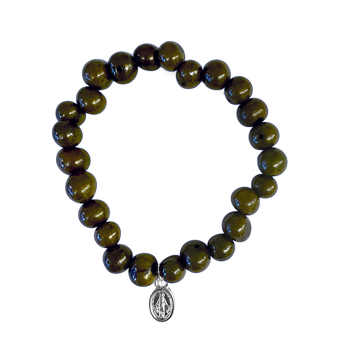 Escapulario Acai-Samen Armband Oliv Madonna-Anhänger Versilbert Dehnbar