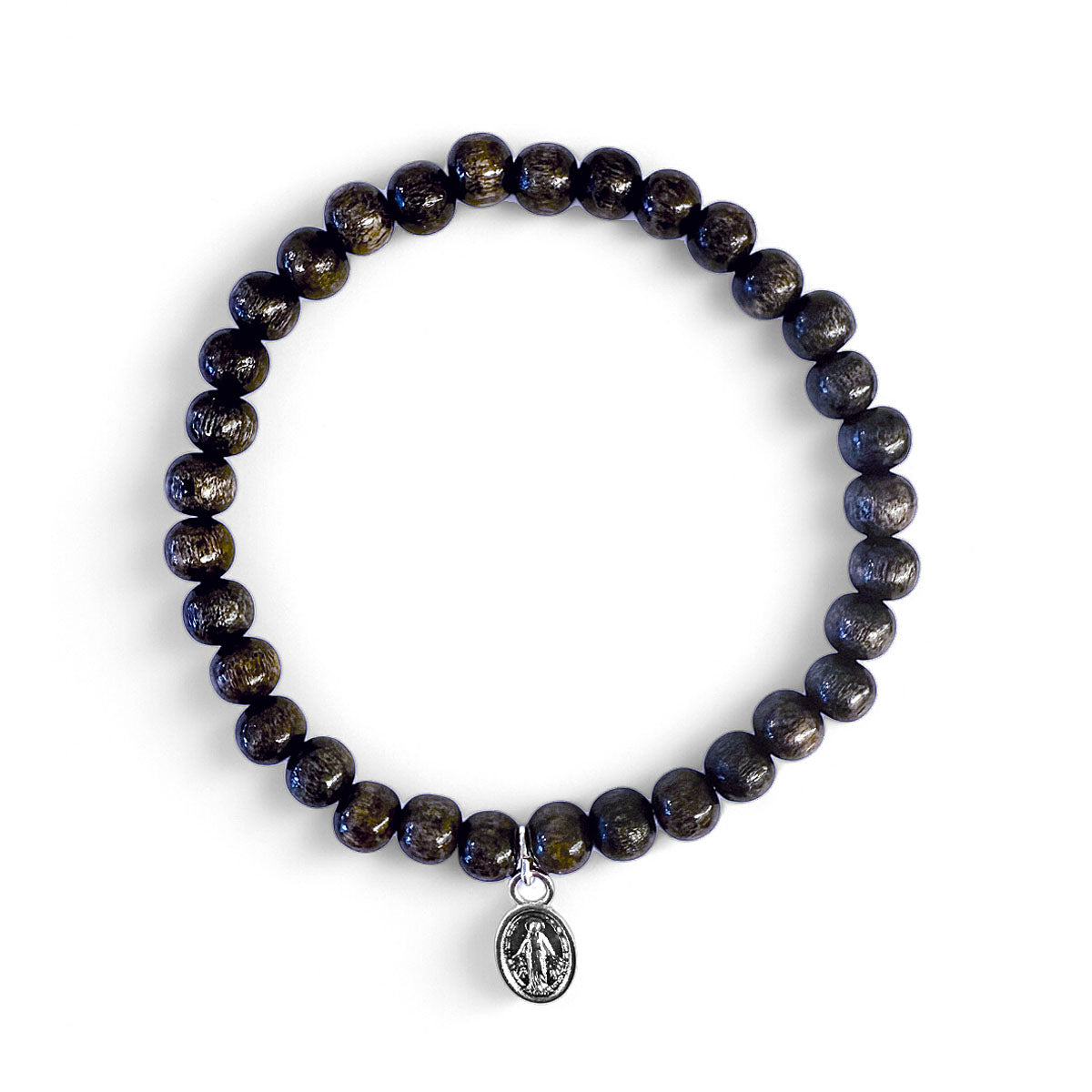 Escapulario Holzperlen Armband 6 mm Grau Madonna-Anhänger Versilbert Dehnbar