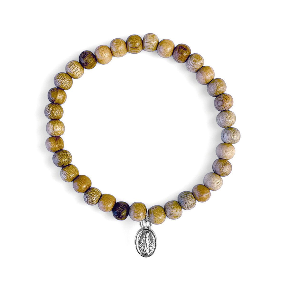 Escapulario Holzperlen Armband 6 mm Natur Madonna-Anhänger Versilbert Dehnbar