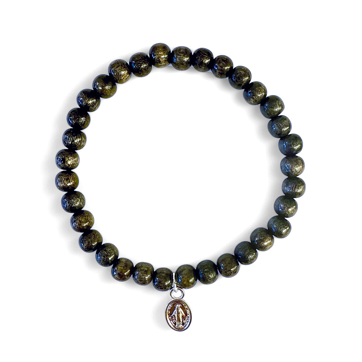 Escapulario Holzperlen Armband 6 mm Oliv Madonna-Anhänger Versilbert Dehnbar