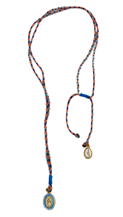 Escapulario Kette Madonna Vergoldet Blaues Outline-Design Emaille Geflochtener Baumwollfaden Bunt Längenverstellbar