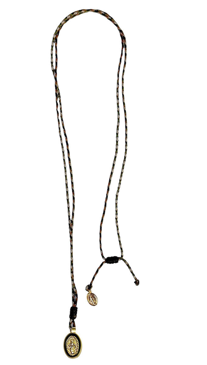 Escapulario Kette Madonna Vergoldet Schwarzes Outline-Design Emaille Geflochtener Baumwollfaden Bunt Längenverstellbar