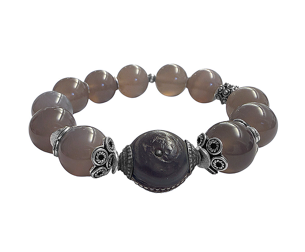 Armband Ethno Boho Achat Grau Sterling Silber Hornperle Dehnbar Unikat Schmuck Reichenberger