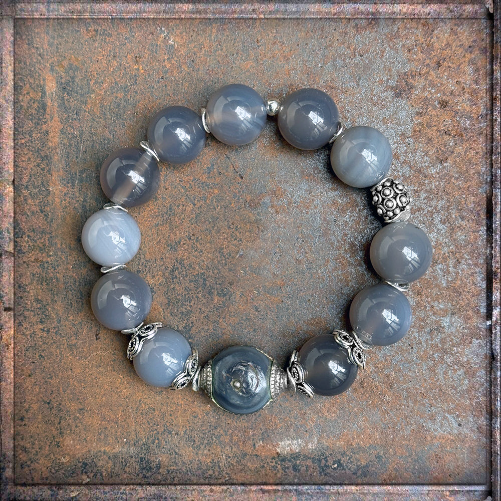 Armband Ethno Boho Achat Grau Silberelemente Hornperle Dehnbar Unikat Schmuck Reichenberger