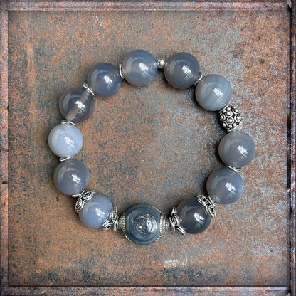 Armband Ethno Boho Achat Grau Silberelemente Hornperle Dehnbar Unikat Schmuck Reichenberger