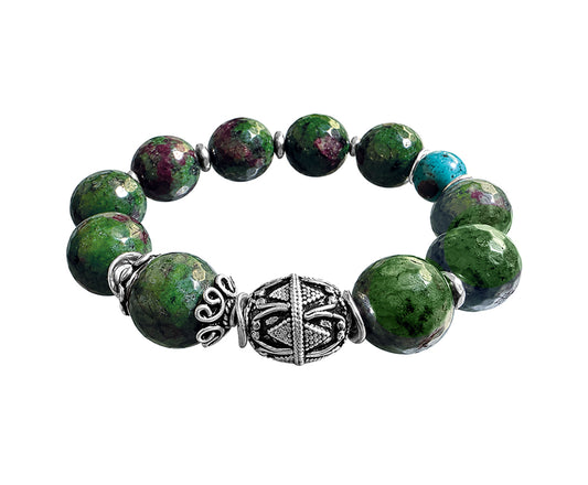 Ethno-Armband Unikat Achat Grün Lila Rubin-Zoisit-Optik Howlith Türkis Hämatit Verzierte Silberperle 925 Sterling Silber Dehnbar