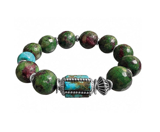 Ethno-Armband Unikat Achat Grün Lila Rubin-Zoisit-Optik Howlith Hämatit Vintage-Tribal-Perle Türkis-Mosaik 925 Sterling Silber Dehnbar