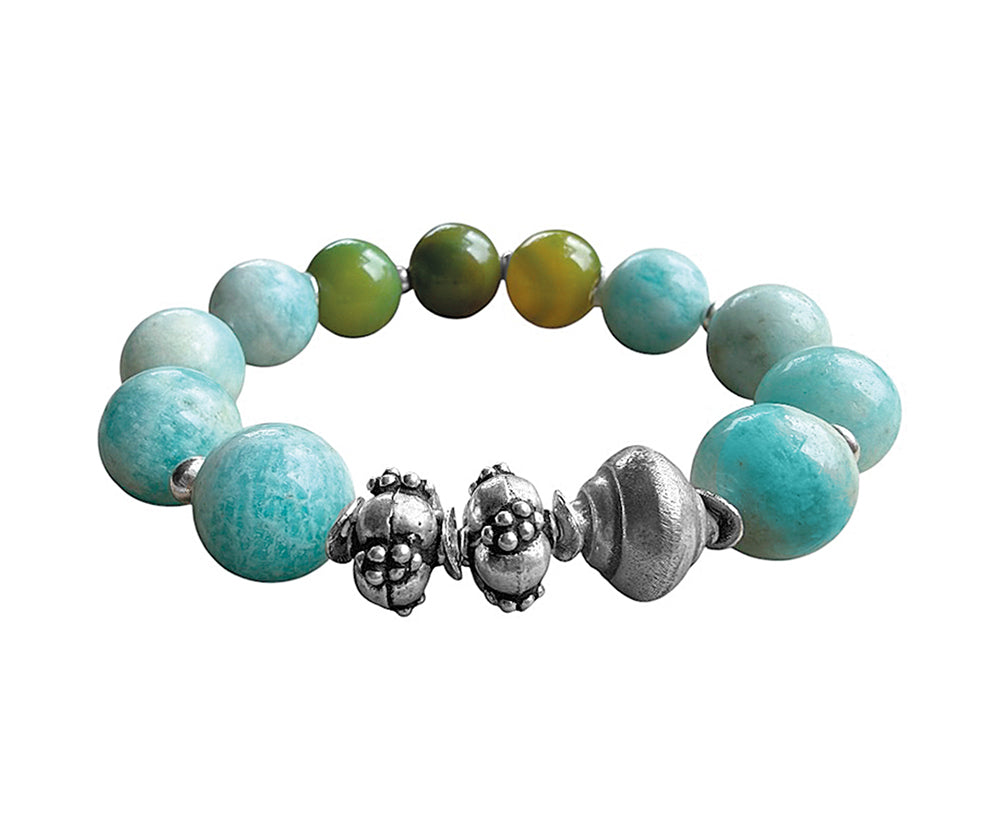 Ethno Armband Amazonit Achat 925 Sterling Silber Dehnbar Unikat