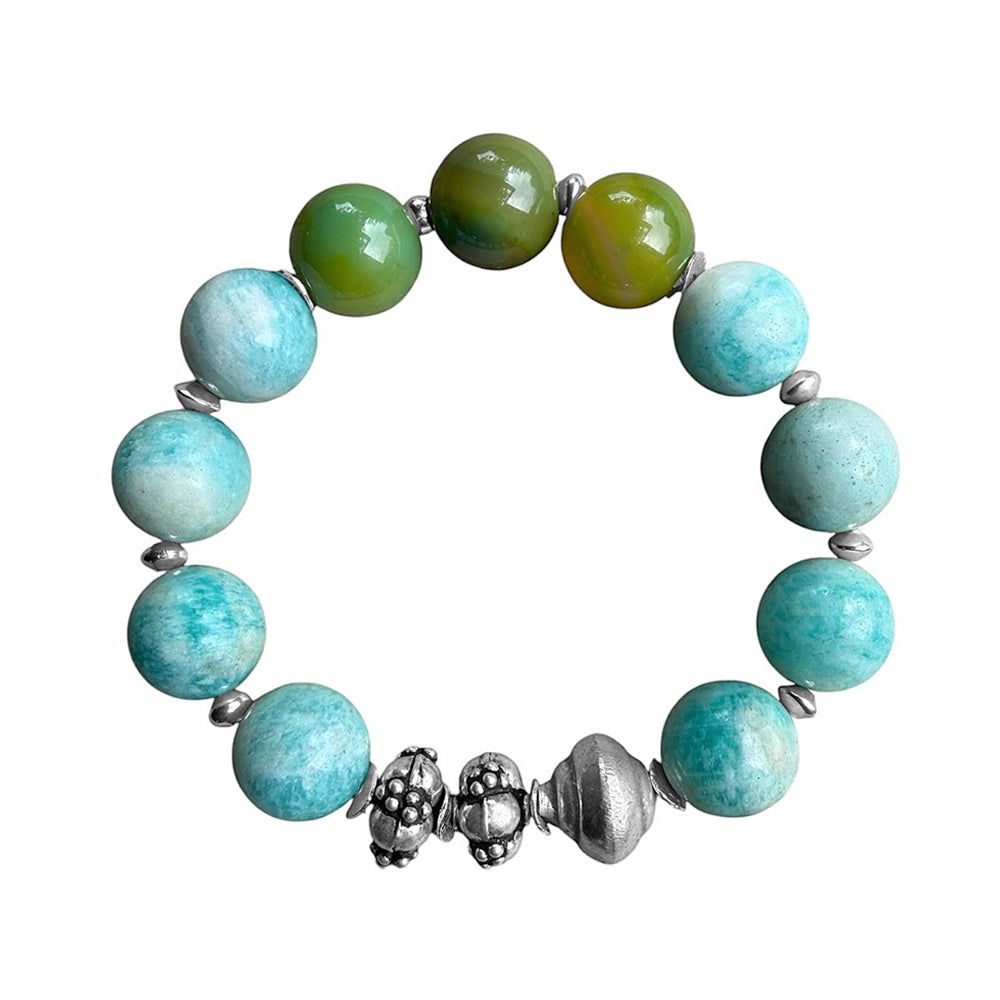 Ethno Armband Amazonit Achat Sterling Silber Dehnbar Unikat