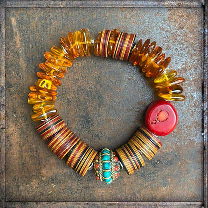 Ethno Boho Armband Bakelit Bambuskoralle Rot Boho Tibet Perle Türkis Mix 925 Silber Dehnbar Unikat