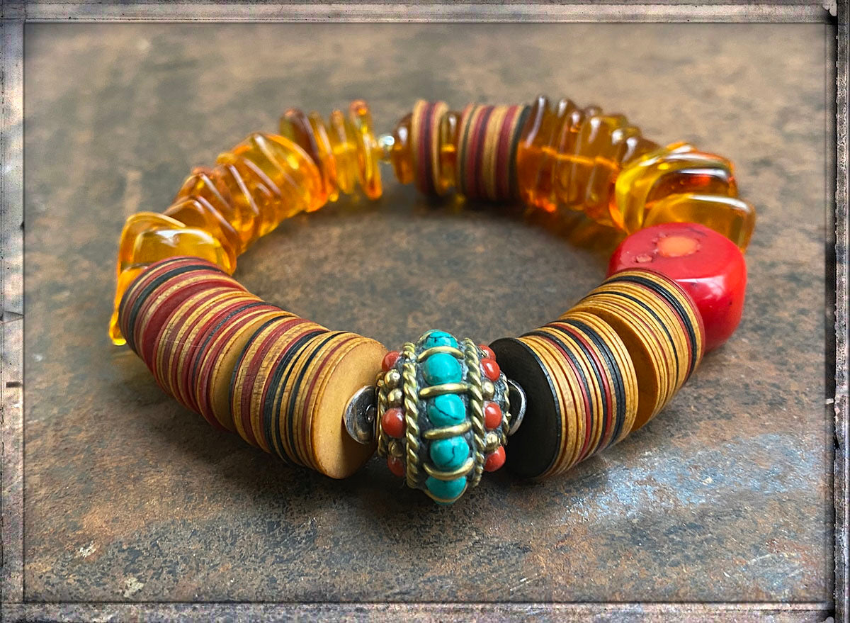 Ethno Boho Armband Bakelit Bambuskoralle Rot Boho Tibet Perle Türkis Mix 925 Sterling Silber Dehnbar Unikat
