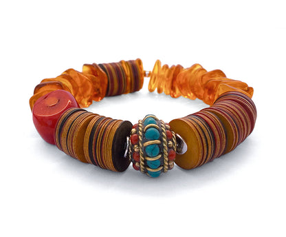 Ethno Boho Armband Bakelit Bambuskoralle Rot Boho Tibet Perle Türkis Mix Sterling Silber Dehnbar Unikat