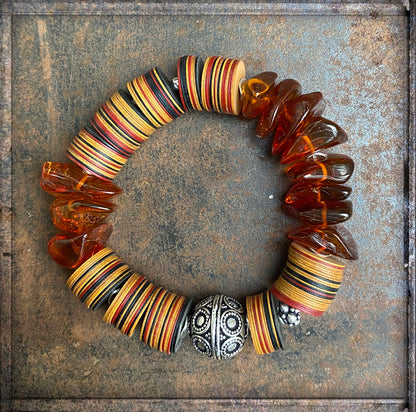 Ethno Boho Armband Bakelit Multicolor Bernstein 925 Silber Dehnbar Unikat