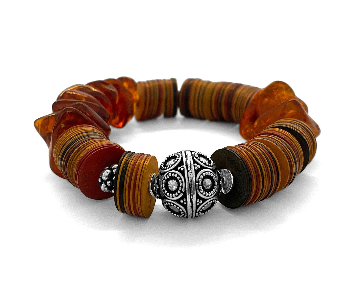 Ethno Boho Armband Bakelit Multicolor Bernstein 925 Sterling Silber Dehnbar Unikat
