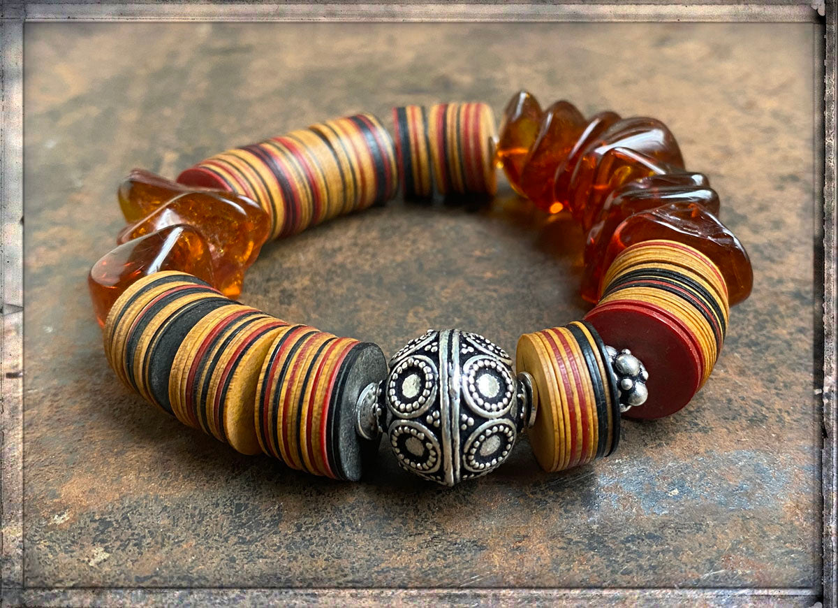 Ethno Boho Armband Bakelit Multicolor Bernstein 925 Sterling Silber Dehnbar Unikat