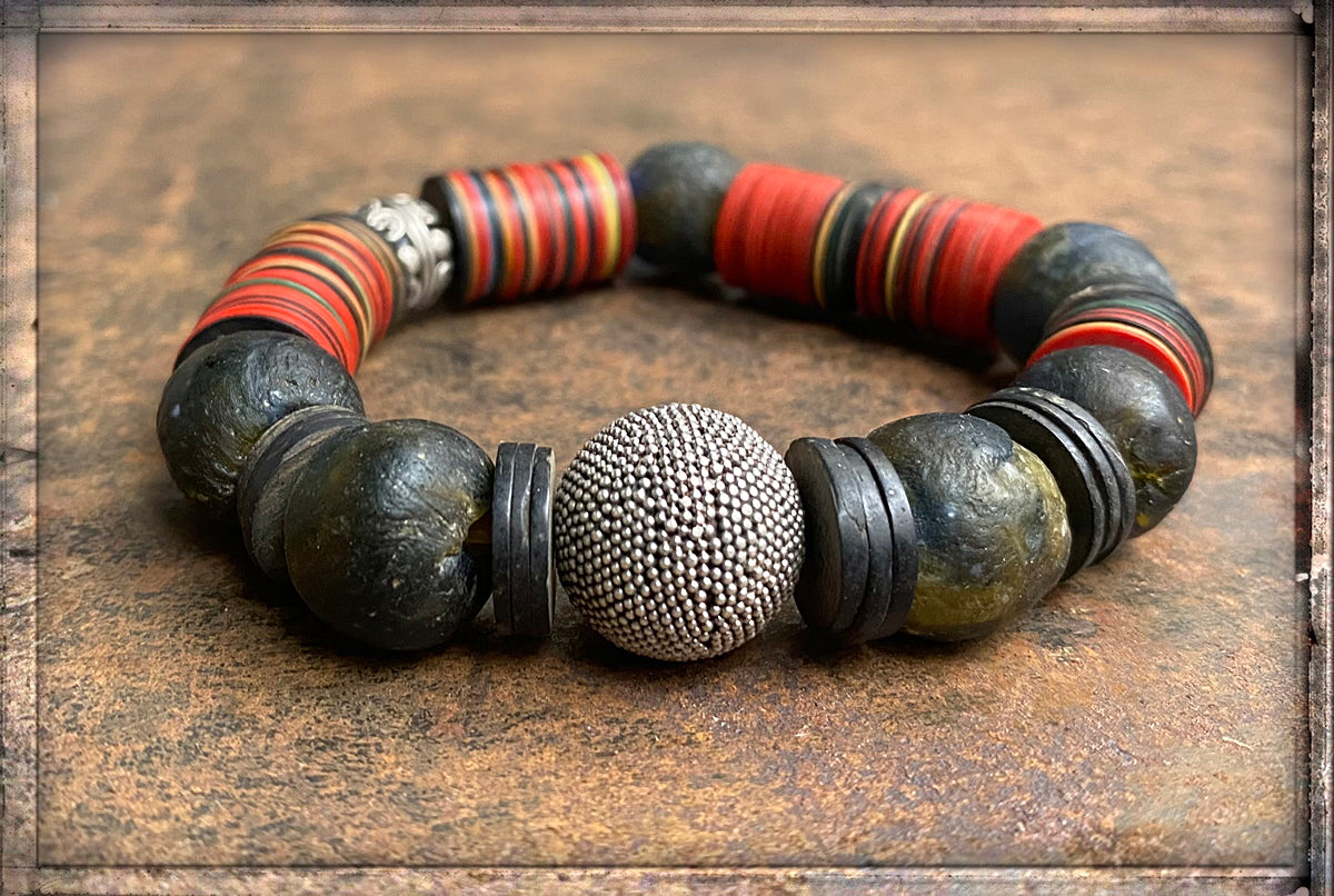 Armband Ethno Boho Kokosscheiben Bakelit Tribal-Glasperlen 925 Silber Dehnbar Unikat Schmuck Reichenberger