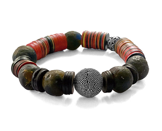 Armband Ethno Boho Kokosscheiben Bakelit Tribal-Glasperlen Silber Dehnbar Unikat Schmuck Reichenberger