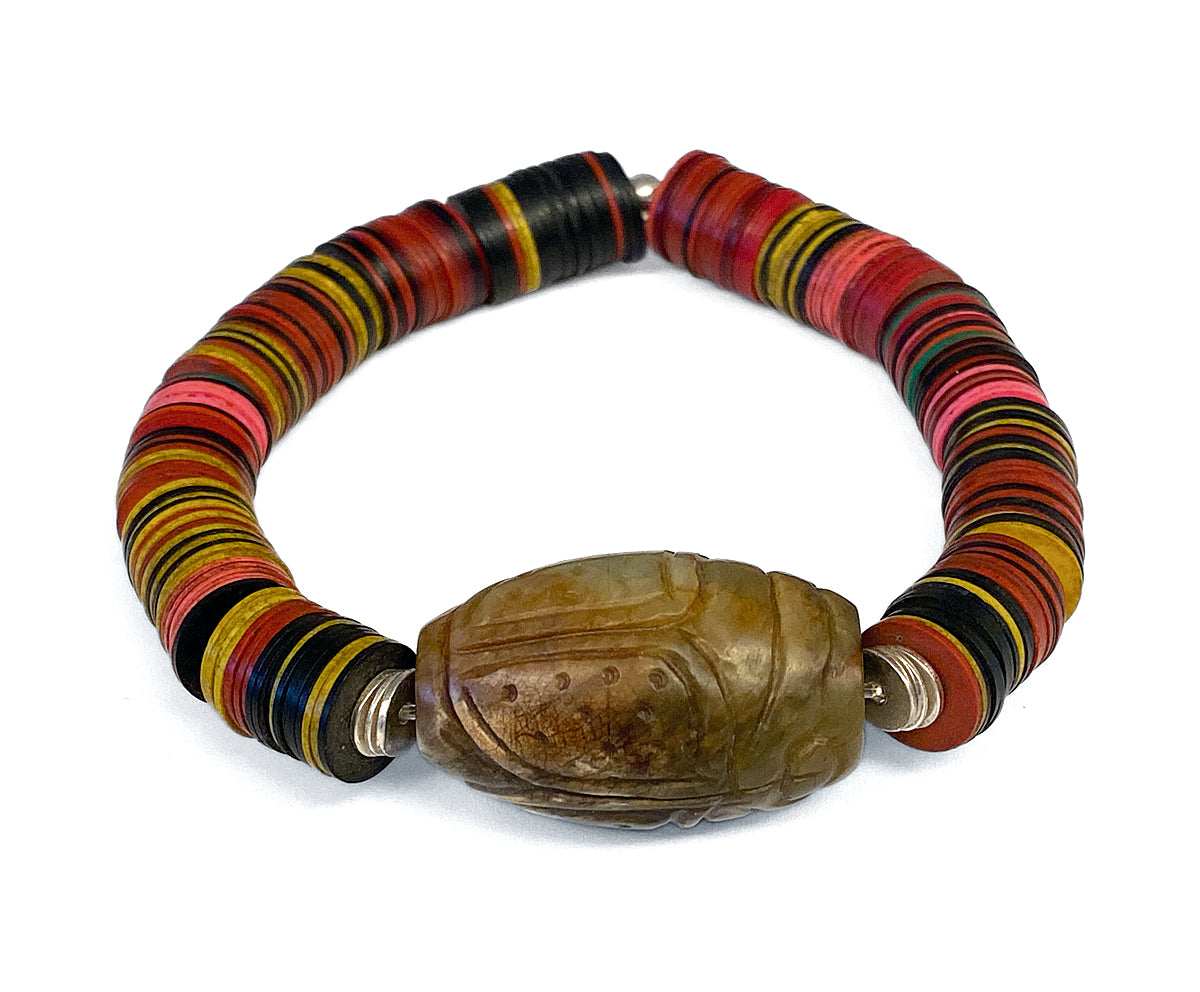 Ethno Armband Bakelit Jadeperle Skarabäus-Motiv Dehnbar Unikat