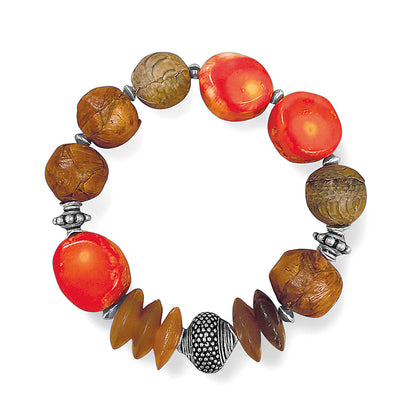 Armband Ethno Bambuskoralle Orange Lederperlen Horn Dehnbar Unikat 925 Silber 