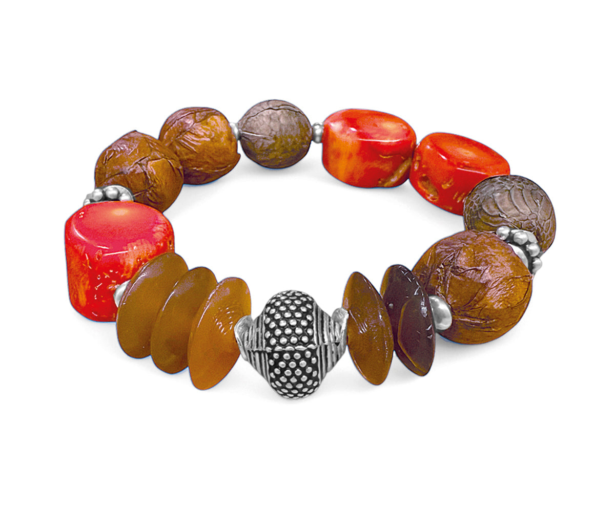Armband Ethno Boho Bambuskoralle Orange Lederperlen Horn Unikat Silber Dehnbar Schmuck Reichenberger