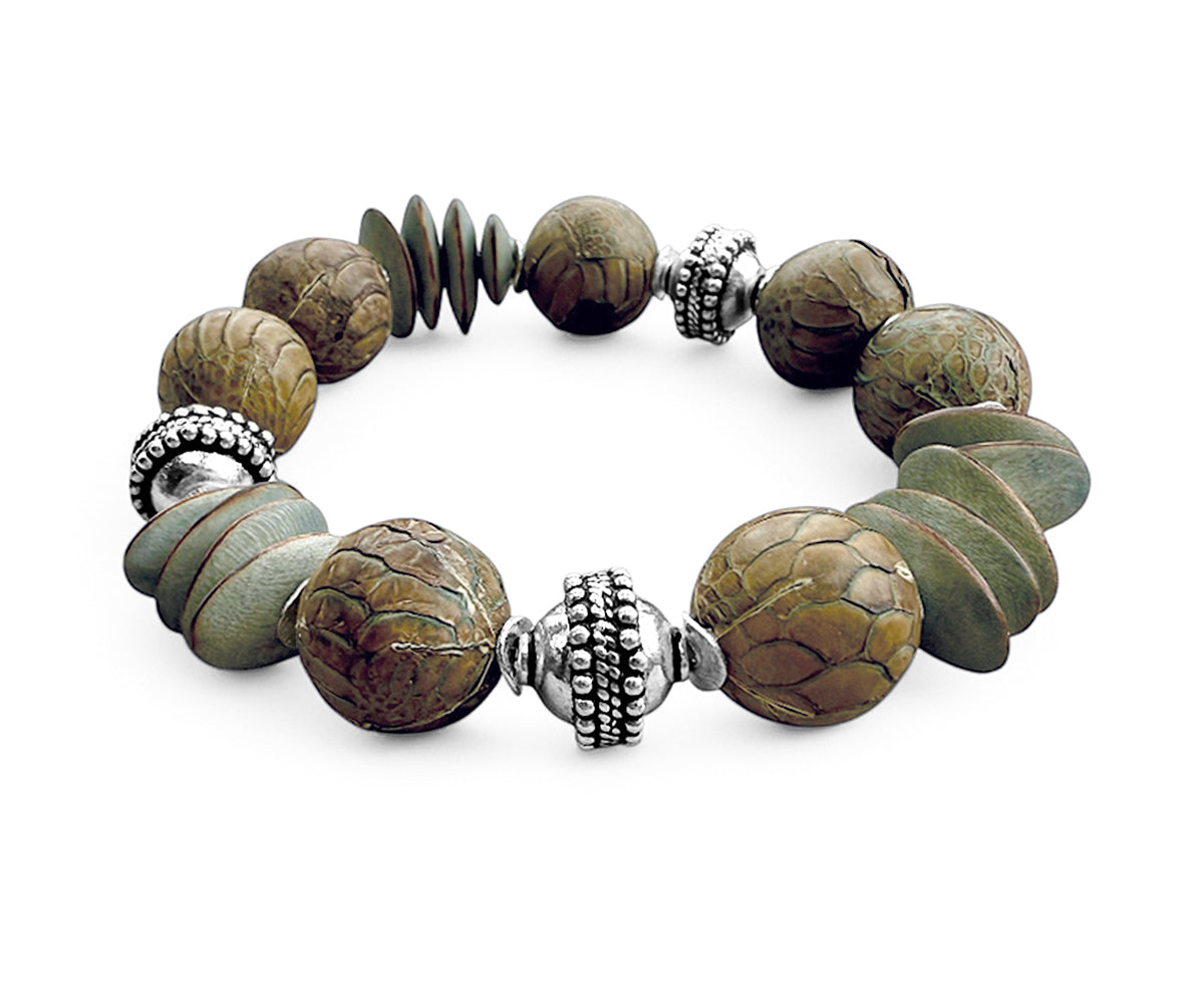 Ethno Armband Holz Lederperlen Natur Dehnbar Unikat 925 Sterling Silber Schmuck Reichenberger
