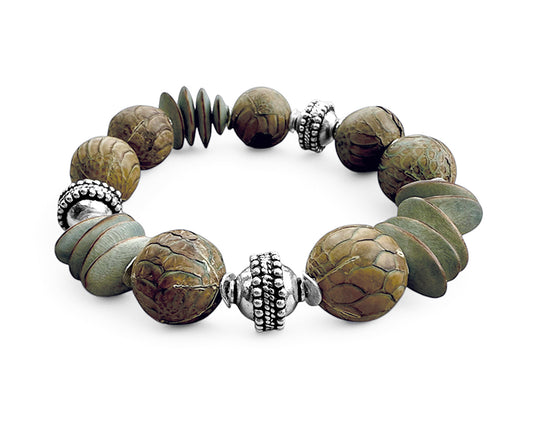 Ethno Armband Holz Lederperlen Natur Dehnbar Unikat 925 Sterling Silber Schmuck Reichenberger